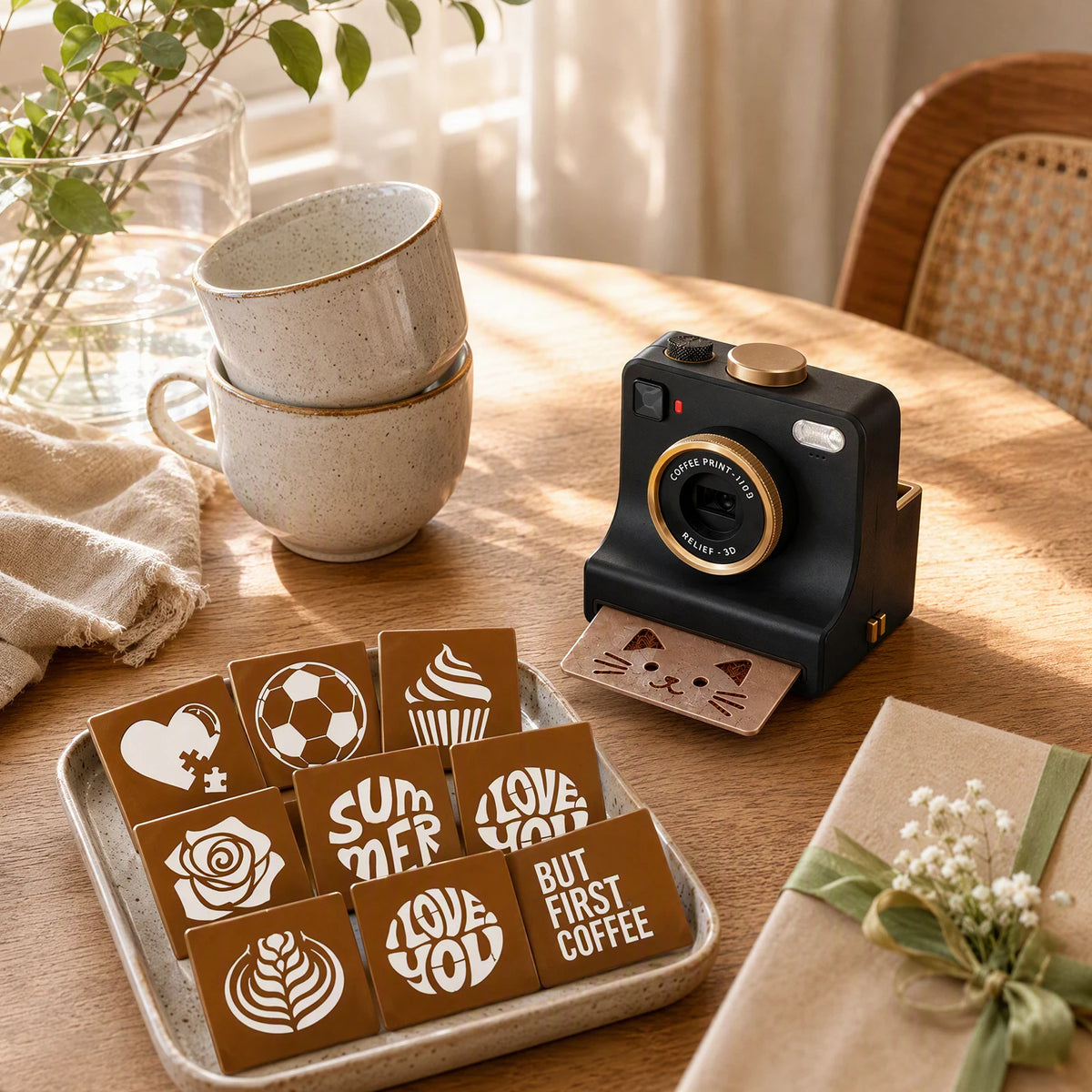 Lumo latte art camera stamping a cat design on coffee